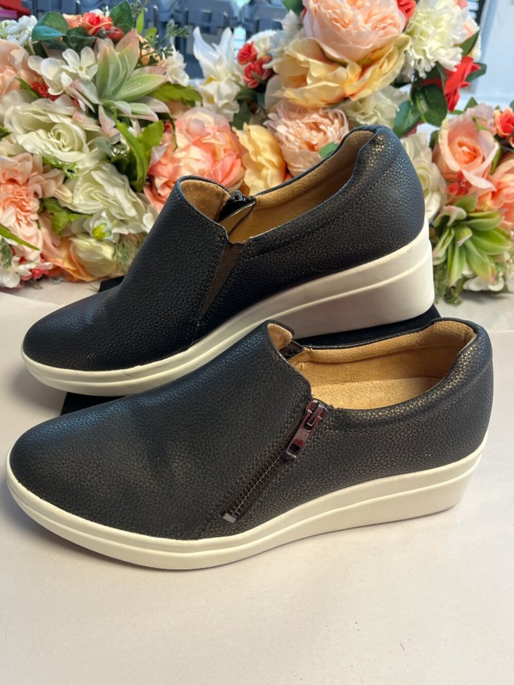 Naturalizer Black Slip-On Wedge Sneakers with White Sole